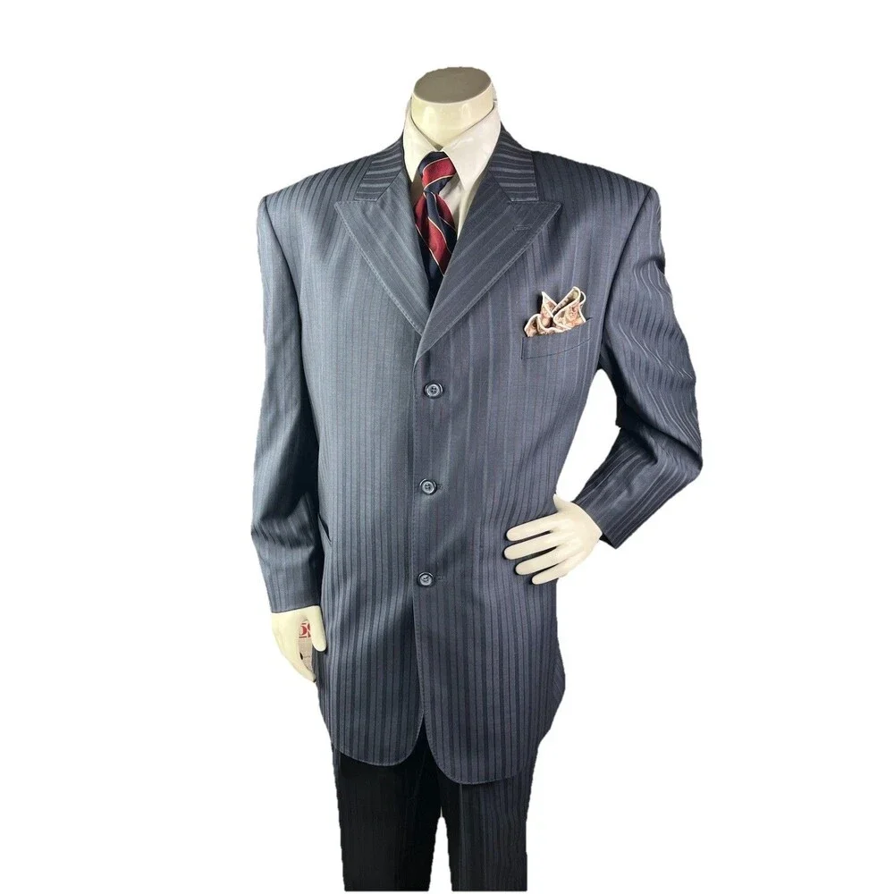 VERSINI European Men Suit 46R 40x31 Navy Striped 100% Wool Jacket Pants Set